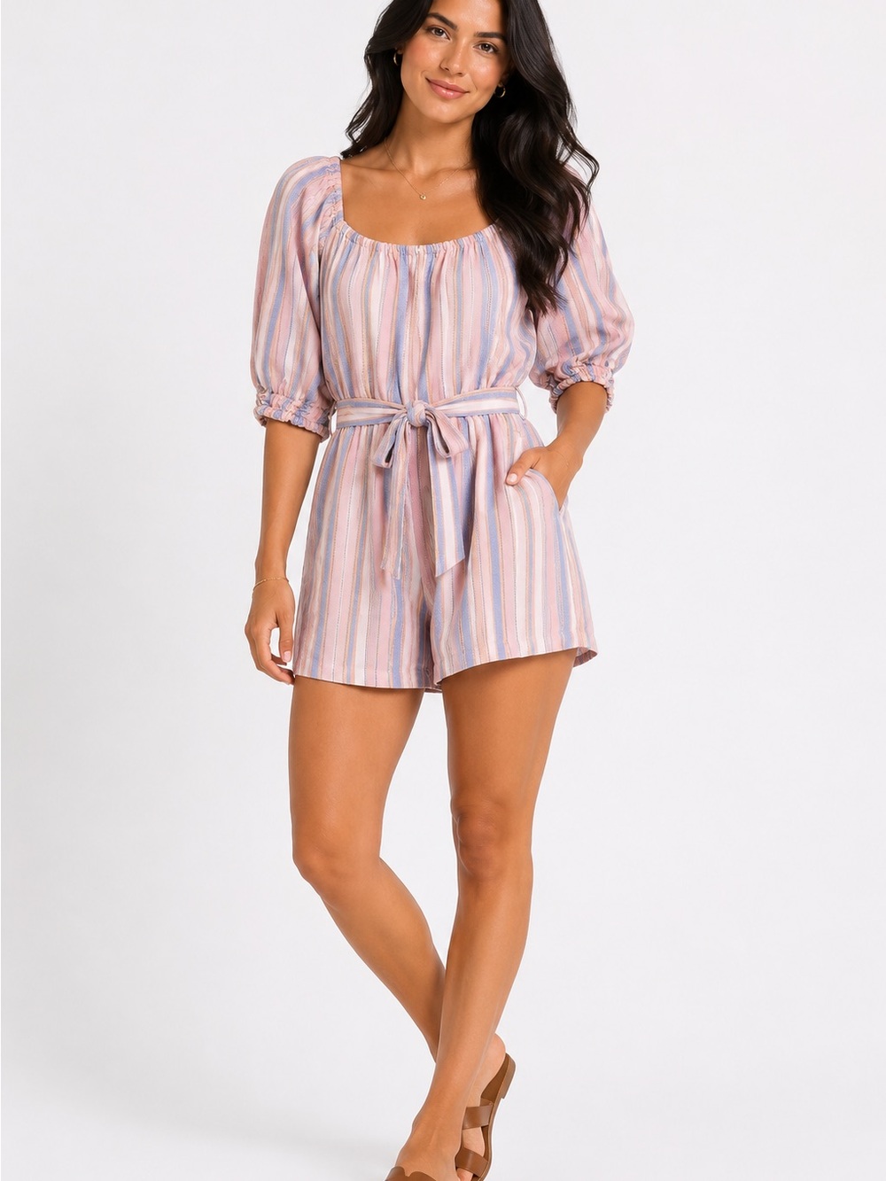 PAIGE Pastel Stripe Puff-Sleeve Romper in Pink & Blue